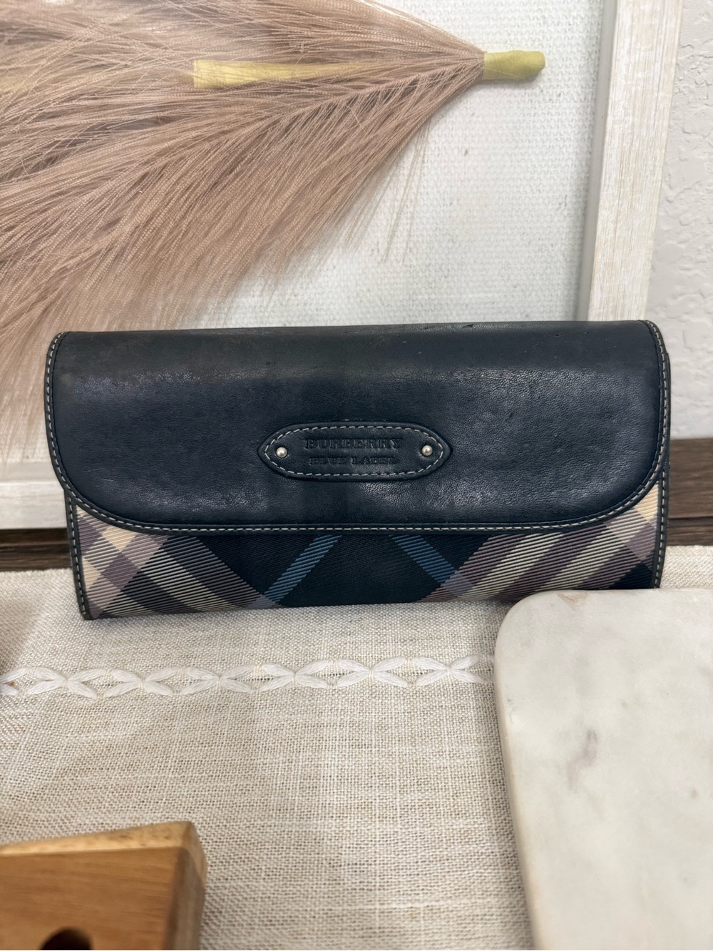 Burberry Black and Beige Check Continental Wallet